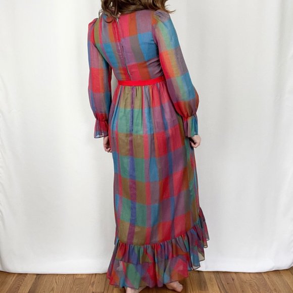 Vintage Cottagecore Puff Balloon Sleeve Plaid Tiered Ruffle Maxi Dress Handmade - Picture 4 of 7